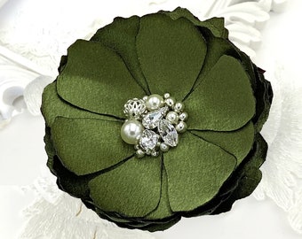 Olive Green Flower Hair Clips with Swarovski Crystals - Shoe Clips, Brooch for a Bride, Bridesmaid, Gift, Special Event Photo Prop Kia