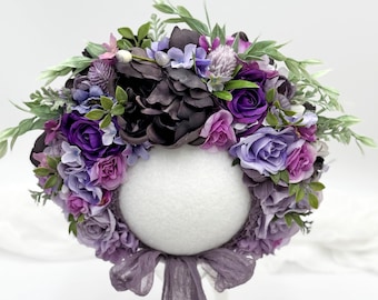 Lavender Sitter Bonnet, Purple Flower Bonnet,  Blush Pink Newborn Bonnet, Toddler Cotton Floral Cap, Baby Gift, Photo Prop, New Mom Gift