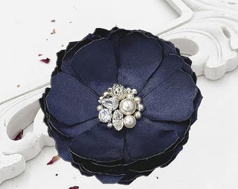 Navy Blue  Hair Clip, Something Blue Wedding Flower, Sparkling Crystal Embellished, Brooch, Bridal Shoe Clip, Bridesmaid, Prop or Gift - Kia