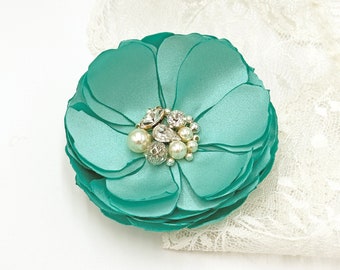 Tiffany Robyn's Egg Blue Hair Accessories Shoe Clip, Brooch Satin Flowers Embellished with Crystals and Pearls Bridesmaids Gift Kia