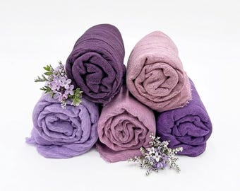 Set of 5 Purple Cheesecloth Newborn Photo Props Baby Swaddle Hand Dyed Lavender Plum Mauve Basket Filler, Cotton Wrap Photography Prop Pack