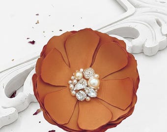 Burnt Sienna Satin Flower Accessories, Wedding Hair Comb, Shoe Clips, Hand Sewn Sparkling Crystal Embellished Brooch Pin Bridesmaid Gift Kia