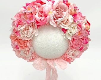 Pink Flower Baby Sitter Bonnet, Rose, Peony Toddler Cotton Cap, Floral Bonnet Infant Photo Prop, White Silk flowers  Bonnet Baby Shower Gift