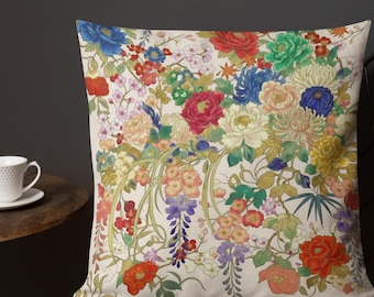 Japanese Floral Throw Pillow Cover: Classic Art Peony, Chrysanthemum & Maximalist Home Decor, Unique Asian Gift