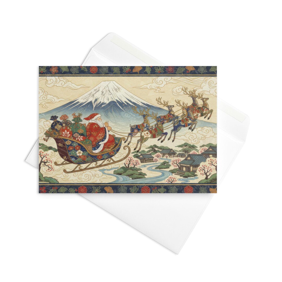 Japan Vector Set Santa Japanese Christmas Card | Mount Fuji & Santa Claus Art Print | Unique ...