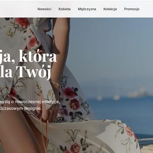 May include: A white wrap dress featuring a floral pattern with red and pink roses and green leaves. The dress is worn by a person holding a woven straw handbag. The website interface displays the text LUMINA, LUXURY FASHION 2028, Elegancja, która podkreśla Twój styl, and Kup kolekcję.