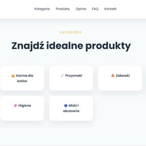 Op de afbeelding: Een website-interface voor PETLOVE met een navigatiebalk met links naar categorieën, producten, beoordelingen, FAQ en contact. Het hoofdgedeelte toont de tekst Znajdź idealne produkty en acht witte rechthoekige knoppen met iconen en labels.