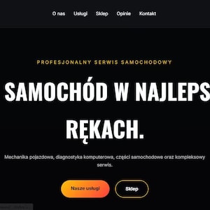 Op de afbeelding: Een website-startpagina voor Garage Pro met een zwarte achtergrond en witte tekst. De koptekst toont het Garage Pro-logo, navigatielinks en een oranje knop. De hoofdtekst luidt TWÓJ SAMOCHÓD W NAJLEPSZYCH RĘKACH.