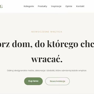 Op de afbeelding: Een website-startpagina voor Home & Living met een navigatiemenu met links voor categorieën, producten, inspiratie, beoordelingen en contact. De pagina toont de tekst Stwórz dom, do którego chce się wracać en Kup teraz-knoppen.
