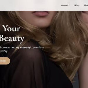 Op de afbeelding: Een website landingspagina voor AURA met een navigatiemenu met links voor Nowości, Sklep, Pielęgnacja, Makijaż en Kontakt. De pagina toont de tekst Discover Your Natural Beauty en Luksusowa pielęgnacja inspirowana naturą.