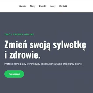 Op de afbeelding: Een website landingspagina voor FITZONE met een donkergrijze achtergrond en witte tekst die Zmień swoją sylwetkę i zdrowie leest. De pagina bevat een groene navigatiebalk, een groene call-to-action knop met de tekst Kup teraz en een groene knop met de tekst Rozpocznij.