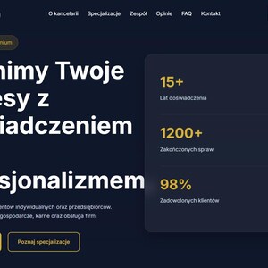 Może przedstawiać: Ciemny interfejs strony internetowej kancelarii M.K. Law Firm z białym tekstem na granatowym tle. Strona zawiera nagłówek Chronimy Twoje interesy z doświadczeniem i profesjonalizmem oraz statystyki: 15+ lat doświadczenia, 1200+ zakończonych spraw i 98% zadowolonych klientów, z żółtymi przyciskami wezwania do działania.