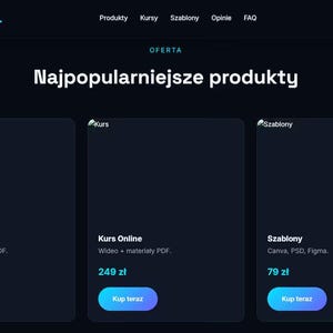Op de afbeelding: Een donker vormgegeven website-interface voor Nova Digital met een navigatiebalk met links naar producten, cursussen, sjablonen, beoordelingen en FAQ. Het hoofdgedeelte toont een koptekst Najpopularniejsze produkty met drie kaarten voor Ebook Premium, Kurs Online en Szablony, elk met een Kup teraz-knop.