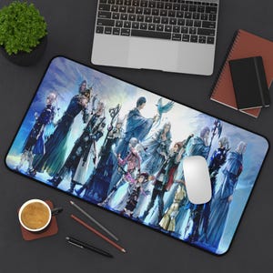 May include: A rectangular mousepad featuring a fantasy art design with multiple characters in various outfits. The color palette includes blues, whites, and purples. A laptop, coffee cup, and stationery items are also visible.