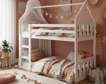 Letto a castello bianco per bambini | Letto singolo per bambini | Realizzato a mano