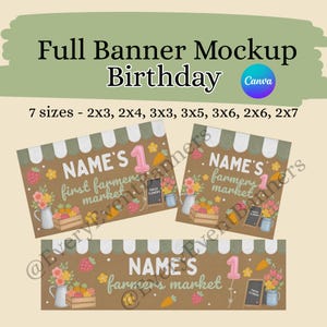 Op de afbeelding: Een mockup van een verjaardagsbanner met de tekst "Full Banner Mockup Birthday" en maatdetails. Het bannerontwerp bevat "NAME'S first farmers market" met illustraties van bloemen, aardbeien en wortelen. Het Canva-logo is zichtbaar.
