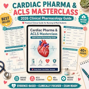 May include: A digital tablet displays the Cardiac Pharma & ACLS Masterclass 2026 Clinical Pharmacology Guide, featuring a central heart illustration, surrounded by reference cards for cardiac medications, ACLS algorithms, and clinical pharmacology.