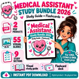Puede incluir: Un paquete de estudio para asistente médico 2026 con un corazón de dibujos animados con estetoscopio, una tableta con materiales de estudio y un personaje ilustrado. Incluye 2 productos PDF, 55 diapositivas, 9 secciones y tarjetas de estudio.