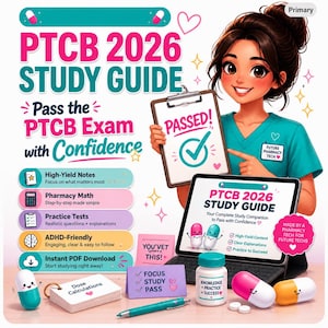 May include: A PTCB 2026 study guide digital resource featuring a cartoon pharmacy technician holding a clipboard with the word PASSED and a checkmark. The display shows study materials, pill-shaped characters, a pen, and a medicine bottle.