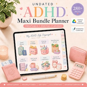 May include: An undated ADHD Maxi Bundle Planner digital and printable set. The tablet screen displays a dashboard with icons for travel, finance, cleaning, meal planning, study, self-care, home organization, and routines, plus a pink calculator and passport.