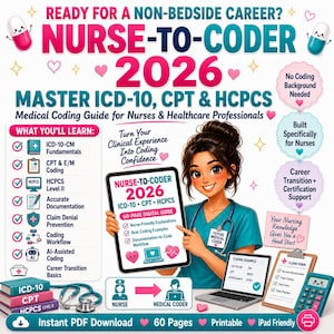 May include: A 60-page digital guide titled Nurse-to-Coder 2026, featuring medical coding information for ICD-10, CPT, and HCPCS. The graphic includes a cartoon nurse, a laptop, a claim form, a calculator, and a list of learning modules.