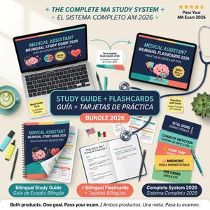 May include: A comprehensive study bundle for medical assistants, featuring a laptop, tablet, study guides, and flashcards. The materials are bilingual, with English and Spanish text. The bundle includes a stethoscope and a coffee cup.