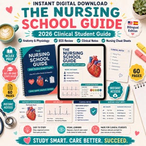 May include: A digital nursing school guide for 2026 featuring a spiral-bound notebook and tablet displaying clinical notes, anatomy, and ECG reviews. Includes 60 pages of study materials, heart diagrams, medication safety checklists, and vital sign charts.