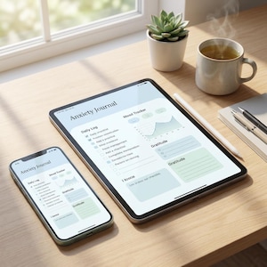 以下が含まれることがあります： 「Anxiety Journal」アプリのインターフェースを表示するタブレットとスマートフォン。毎日のログ、気分追跡、感謝の気持ちなどのセクションがあります。お茶のカップ、多肉植物、ペン付きのノートが木製の表面にあります。