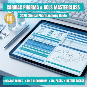 May include: A digital tablet displays a clinical pharmacology guide with dosage tables and ACLS algorithms. The image includes a pen, vials, and the text "CARDIAC PHARMA & ACLS MASTERCLASS" and "2026 Clinical Pharmacology Guide". A "BEST SELLER" sticker is also visible.