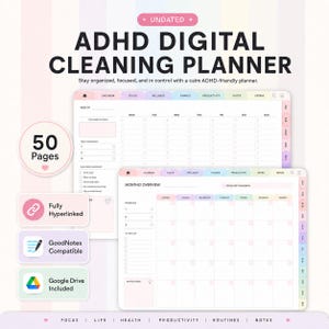 Op de afbeelding: Een ongedateerde digitale ADHD-schoonmaakplanner met 50 pagina's, voorzien van een wekelijkse en maandelijkse lay-out met pastelkleurige tabbladen. De interface bevat secties voor focus, welzijn, financiën en productiviteit met tekstlabels.