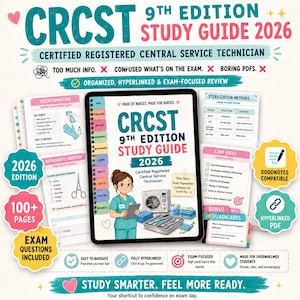 CRCST-studieguide 2026, förberedelse för examen om steril bearbetning, tekniska anteckningar för CBSPD, flashcards för kirurgiska instrument, hyperlänkad digital PDF