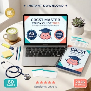 Puede incluir: Un portátil que muestra una guía de estudio CRCST 2026 para técnicos de servicio central, con un cerebro de dibujos animados con birrete. Al lado hay una guía en espiral, un estetoscopio, una taza, bolígrafos y notas adhesivas.