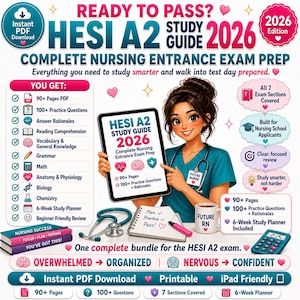 Może przedstawiać: Zestaw przewodnika do nauki HESI A2 2026 zawierający tablet z przewodnikiem, stetoskop, notatnik z tekstem Plan Practice Pass, kubek z napisem Future RN, kalkulator oraz trzy ułożone w stos książki zatytułowane Nursing Success.