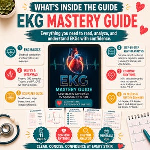 May include: An EKG Mastery Guide digital tablet display featuring a central human heart illustration, surrounded by six numbered informational boxes detailing EKG basics, waves, intervals, paper guides, rhythm analysis, common rhythms, and AV blocks.
