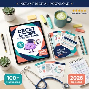 May include: A digital download for CRST practice flashcards for 2026. The image shows a tablet, spiral-bound notebook, and individual flashcards. The tablet displays a cartoon brain wearing a graduation cap. The image also includes a stethoscope and a mug of matcha.