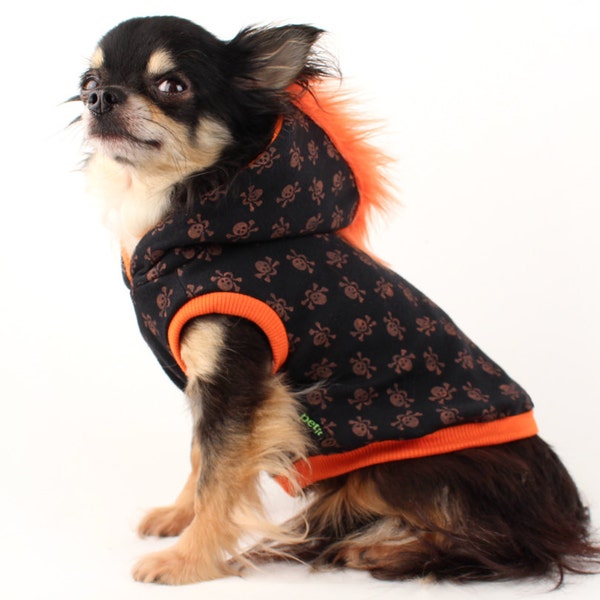 Dog Clothes Orange Mohawk Hoodie for Dogs with black and orange skulls Halloween costume for dogs