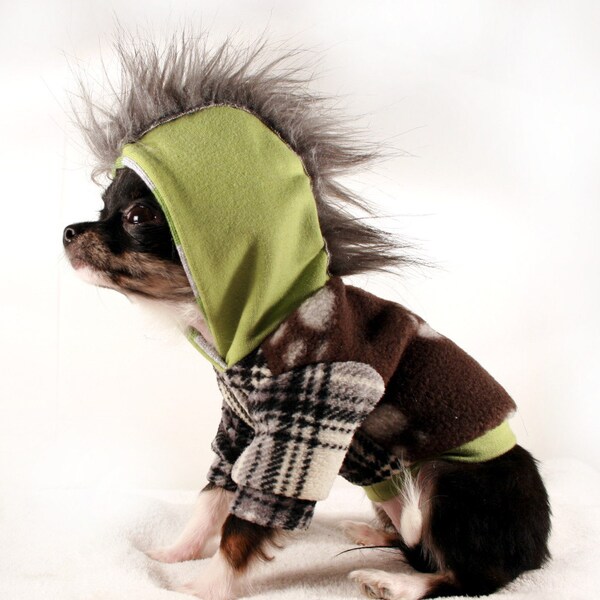 SALE  XXS teacup Dog Clothes Green and grey fleece Mohawk Hoodie XXS