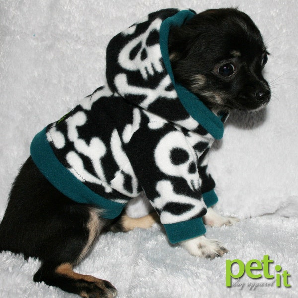 Turquoise and black Skull and bones small dog Hoodie sizes XXS-L