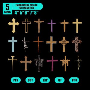 May include: A collection of 15 cross embroidery designs in various styles and colors, including gold, brown, purple, and blue. The designs are available in 5 sizes, ranging from 4 to 8 inches. The text "EMBROIDERY DESIGN FOR MACHINES" is at the top.