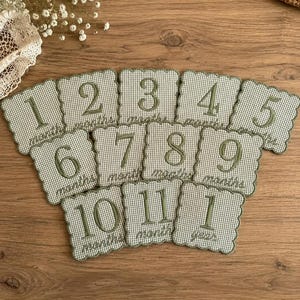May include: A set of twelve baby milestone cards. Each card is a scalloped square with a green and white gingham pattern. The numbers 1 through 11 and the word "year" are embroidered in green. The word "months" is embroidered below the numbers.