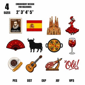 May include: Embroidery designs with Spanish themes, including a postage stamp, flag, Sagrada Familia, flamenco dancer, fan, bull, paella, sangria, churro, guitar, jamón, and the word "Olé!". Available in 4 sizes: 5 cm, 7.6 cm, 10.2 cm, and 12.7 cm.