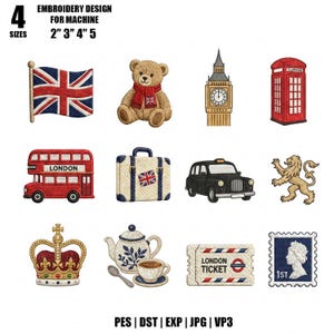 May include: Embroidery design featuring iconic London symbols: a Union Jack flag, teddy bear, Big Ben, red telephone box, double-decker bus, suitcase, black taxi, lion, crown, teapot, London ticket, and a postage stamp.