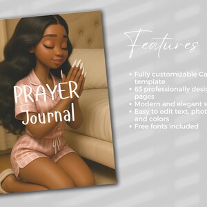 Può includere: Copertina di diario di preghiera digitale con l'illustrazione di una persona in pigiama rosa e la scritta "PRAYER Journal". Il diario include funzionalità come un modello Canva personalizzabile e 63 pagine.