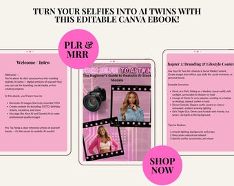 May include: An ebook cover with the title "Turn Your Selfies Into AI Twins With This Editable Canva Ebook!" The cover features three mock tablet screens with text and images, including a camera and a woman. A pink circle says "Shop Now".
