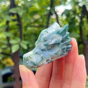 May include: A carved dragon head figurine in shades of green and white. The sculpture is held in a hand, showcasing the intricate details of the dragon's scales and features. The background is blurred with green foliage.