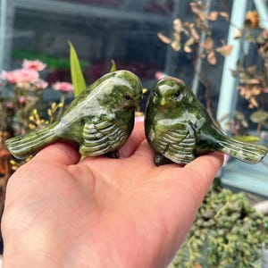 Könnte beinhalten: Zwei grüne Steinvogelfiguren mit detaillierten Flügel- und Schwanzfedergravuren. Die Vögel werden in einer Hand gehalten, was ihre polierte, glänzende Oberfläche zeigt. Die Figuren sind grün mit helleren grünen Marmorierungen.