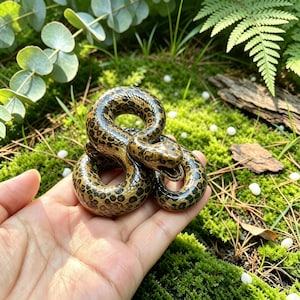 以下が含まれることがあります： 光沢のある仕上げの巻いたヘビの置物で、体全体に茶色と黒の斑点模様があります。ヘビは休息状態で描かれており、頭を少し上げ、口を開けており、詳細な鱗が見えます。