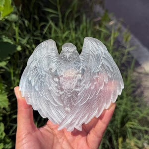 May include: A translucent crystal sculpture of a bird with outstretched wings. The sculpture is held in a hand, with the wings and body detailed with feather patterns. The crystal is a pale, almost colorless hue, with light passing through.