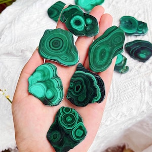 May include: A selection of polished malachite stones, displaying a vivid green hue with complex swirling patterns. The stones vary in size and shape, featuring concentric circles and bands of dark green and black. The malachite is presented on a white surface.