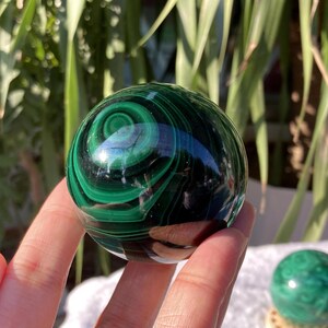 Puede incluir: Una esfera de malaquita pulida con patrones de bandas concéntricas en verde bosque profundo y negro. La superficie es lisa y reflectante, mostrando capas minerales naturales en espiral que crean un diseño circular en la piedra redonda.